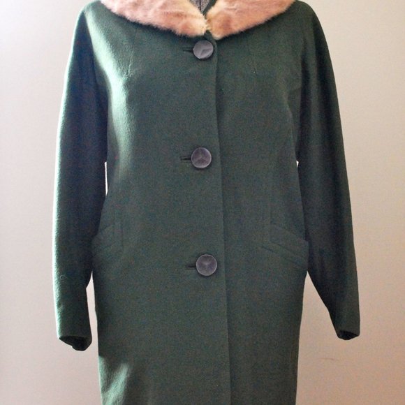 Classic Olive/Army Green Wool Coat w/ Fur Collar - Picture 3 of 7